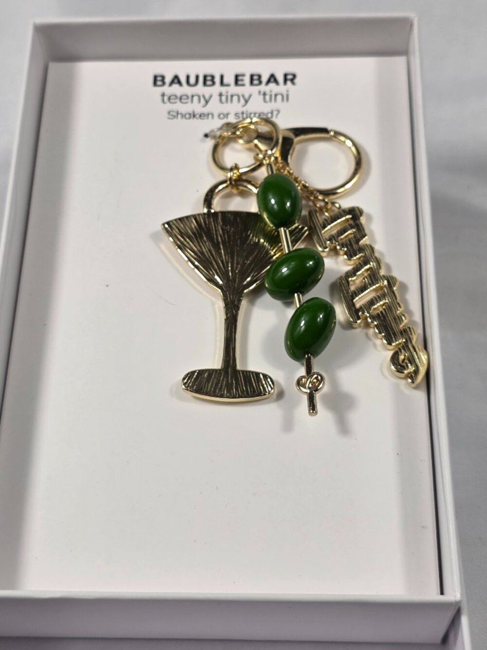 Baublebar Teeny Tiny "Tini Time" Bag Charm Gold Tone Glass & Olive Skewer NEW
